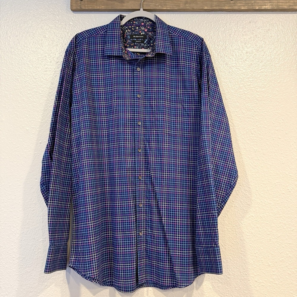 Bugatchi Classic Fit Men's XL? Blue Multicolor Plaid Button Up Shirt Floral Trim